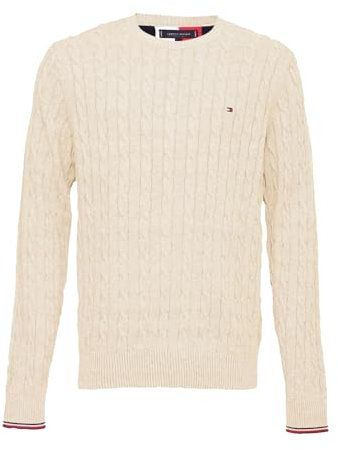 Tommy Hilfiger Pull en tricot tressé avec col rond, Ivoire, L