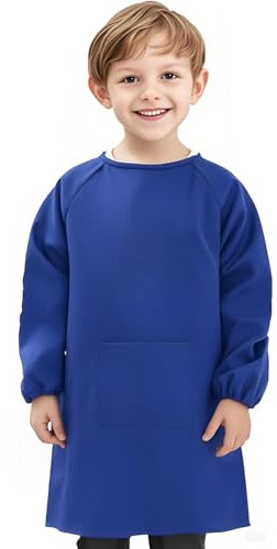 Voarge Malkittel Kinder, Malkittel Schule mit Ärmeln und Big Taschen, Nylon, wasserdicht, 8-12 Jahre, Malschürze Kinder (Blau)
