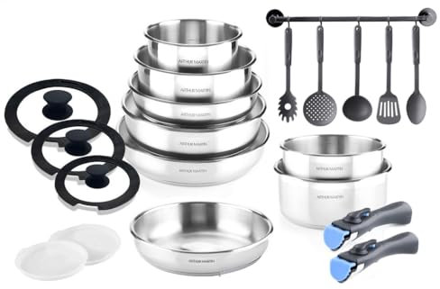 Arthur Martin, Batterie de Cuisine 20 pièces en Acier Inoxydable - Poêles 20-26 cm, Casseroles 14-20 cm, Sauteuse 24 cm, Couvercles en Verre et Silicone, Ustensiles en Nylon, Tous Feux Induction
