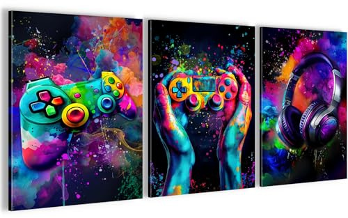Runa Art - Bilder Spielkonsole Gamer 3 Teilig Wandbild auf Vlies Leinwand Bunt Mehrteilig Modern 055535a