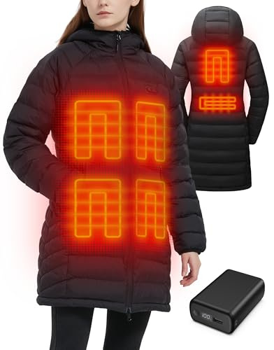 LIVONEST 12V Heizjacke Damen 20000mAh Beheizte Lang Winterjacke mit 6 Heizbereichen, Dual-Zonen-Steuerung vorne & hinten, inkl. Powerbank, EU 2X-Groß, Schwarz