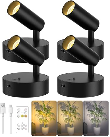 GOODEA Kabellose Spotlight, Aufladbare Wandleuchte Innen Akku bis zu 30Tage | 3 CCT Wandspot Dimmbar mit Fernbedienung & Timer, 350° Drehbare Wandlampe für Wand Bilder Pflanzen Home Dekoration [4er Set]