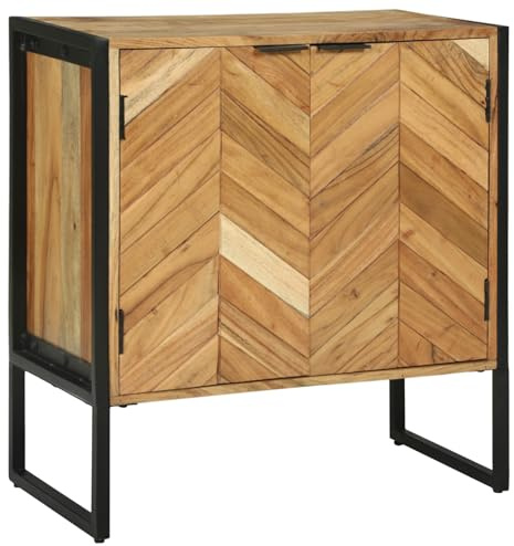 QJBSAVVA Sideboard aus Massivholz Akazie Braun mit Chevron Design 70x35x75 cm 2 Türen für Esszimmer Wohnzimmer Stilvolle Aufbewahrung