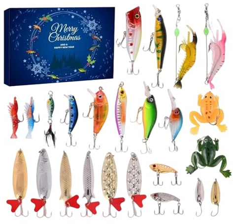 Angel Adventskalender 2025 Männer Weihnachts Countdown Kalender mit 24 Angeln Köder Set für Forelle, Barsch, Salzwasser, Angellieber Weihnachtskalender Weihnachtgeschenk für Erwachsene Teenager Junge