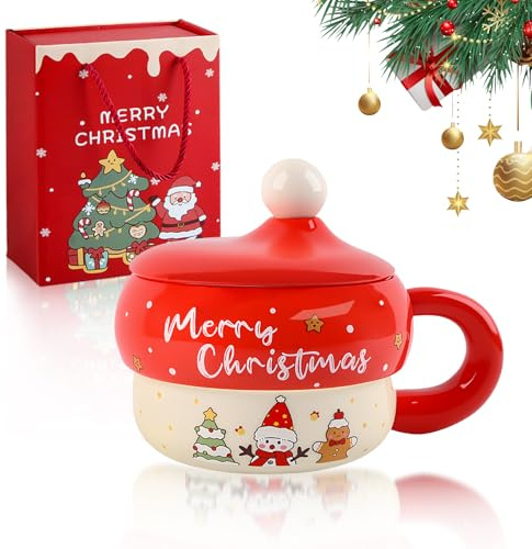 FePen Tazza Natalizia in Ceramica, Tazze da Latte Natalizie con Coperchio e Cucchiaio, Tazza di caffè in ceramica di Babbo Natale, Tazze da tè natalizie per caffè Latte Regali (Red B)