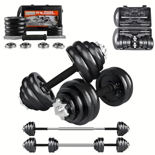 FROOBY Cast Iron Adjustable Dumbbell Barbell Weight Set 20KG, Carry Case, 1x Long, 2x bar, 4 Spinlock, Dumbbell, Barbell Conversion, Hand Free Pair Set, Strength, Home Gym Lifting Bodybuilding Set