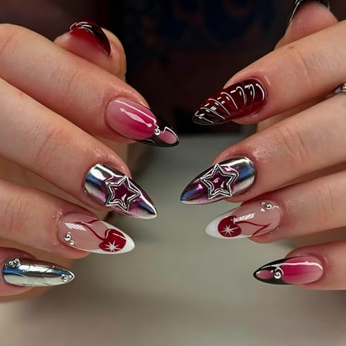 24pcs Medium Almond False Nails French Tip 3D Metallic Star Press on Nails | Stick on Nails, Gothic, Black Red Ombre, Cherry Print, Metallic Aurora Rhinestone Design, Removable, Glue on Nails for Women