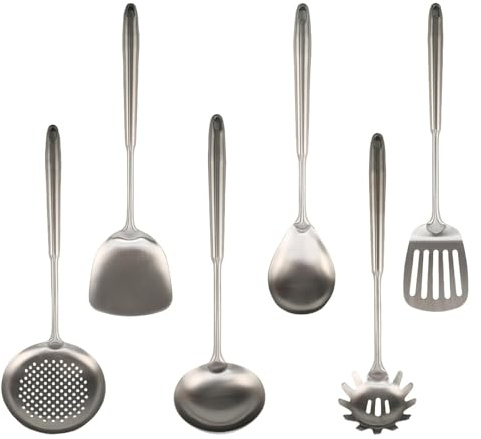 Juego de Utensilios de Cocina Acero Inoxidable 304-6 Piezas Utensilios | para Wok y Sartenes Antiadherentes, Espátula, Cucharón, Espumadera, No Raya, Mango Ergonómico, Apto Lavavajillas