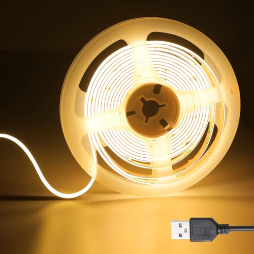 SIRYYUI USB LED Light Strip 2M COB Strip Lights 5V 2700K Warm White | 320LEDs/M, 8mm Wide, CRI 90+, Dotless Flexible Cuttable TV LED Lights for Mirror, Cabinet, Home DIY Lighting