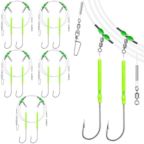Annyswit 5PCS Sea Fishing Rigs, 2 Hook Flapper Rigs | 119cm Pre-Tied Fishing Rig with Swivel and Quick Change Snap, Hook Sizes 1-4/0 for Bass, Cod, Flounder and Whiting