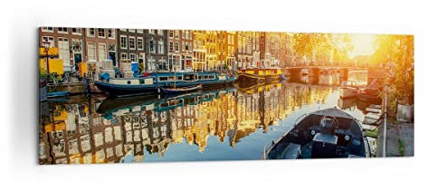 Panorama Bilder auf Leinwand 160x50cm Leinwandbild Kanal Boot Amsterdam Wasser Groß XXL Wanddeko Bild Schlafzimmer Wandbilder Dekoration Wohnzimmer Wall Decor Canvas Wand Kunstdruck Art AB160x50-2857