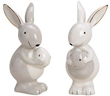 TEMPELWELT® Deko Figur Hase Osterhase im 2er Set je 9 cm, Keramik weiß grau Landhaus Stil, Dekofigur Osterei Ei mit Hasenohren, Osterdeko für Frühling Ostern
