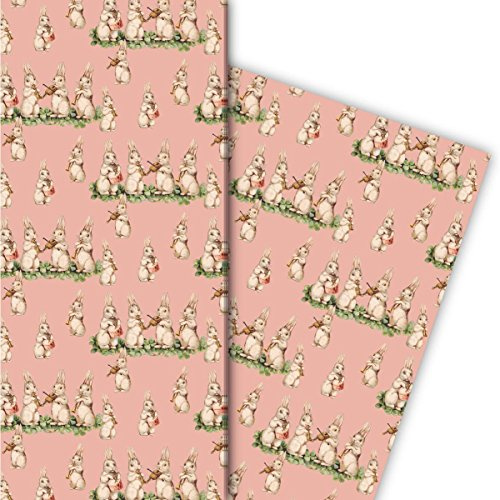 Kartenkaufrausch Süßes Vintage Baby Geschenkpapier Set mit musizierenden Retro Hasen ob zu Ostern, zur Geburt, Geburtstag für tolle Geschenk Verpackung, Designpapier, 4 Bogen, 32 x 48cm, rosa