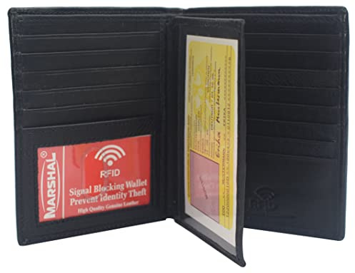 Marshal Portefeuille à deux volets en cuir véritable avec blocage RFID pour homme, emplacements pour cartes, 2 compartiments pour billets, fenêtres d'identité, argent, Noir, One Size, 2 volets