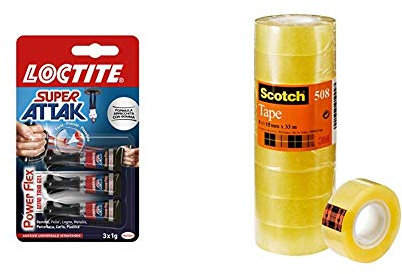 Loctite Super Attak Power Flex MINI TRIO GEL, adesivo trasparente e istantaneo specifico & Scotch Nastro Adesivo 3M, Trasparente Acrilico, 15 mm x 33 m, Confezione Torretta da 10 Pezzi