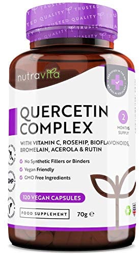 Quercetin 500mg with Bromelain & Vitamin C - 120 Vegan Capsules – for Immune Support - Blended with Rosehip, Bioflavonoids, Acerola and Rutin – Made in The UK by Nutravita