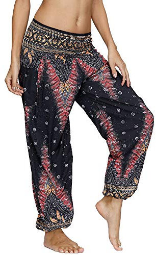 Nuofengkudu Damen Hippie Haremshose Yogahose mit Taschen Thai High Waist Yoga Hosen Leichte Dünn Boho Ethno Muster Strand Sommerhose Pumphose Freizeithose(W-Brauner Pfau,One Size)