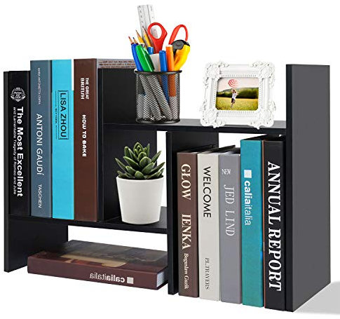 Hossejoy Desktop Organiser Office Storage Rack Adjustable Wood Desk Organizer Display Shelf, Countertop Bookcase Desktop Bookshelf- Free Style Double H Display (Black)