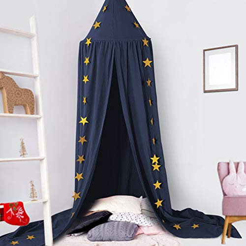 CeeKii Baldachin Kinderzimmer Babys Bett Kinderzimmer Bettvorhang Baumwolle Deko Moskitonetz für Prinzessin Spielzelte Babybett & Schlafzimmer Dekoration mit Sternengirlande(Navy blau)