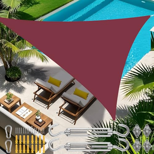 Sonnensegel inkl 24er Befestigung Kit,3x3x3m Wasserdichter Sonnenschutz Dreieck Sonnenschirm Außenüberdachung Garten Patio Pool Shades Segel Markise Camping Schatten (Rot)
