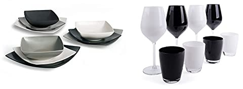 Excelsa Eclipse Servizio Piatti Quadrati 18 Pezzi, Ceramica, Bianco, Nero e Grigio & Color Wine Set Calici e Bicchieri, Vetro, Bianco e Nero, 8 Unità