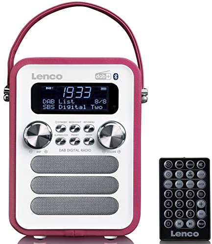 Lenco PDR-051 Tragbares DAB+ Retro Radio - PLL FM Radio mit Bluetooth - Integrierter Akku - 1800mAh - Uhr und Timer - 5 Watt RMS - Fernbedienung - Pink