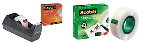 Scotch Klebebandabroller 83980 –Schwarz – Inkl. 1 Rolle Scotch Crystal Klebefilm 19 mm x 10 m & Magic Klebeband – 1 Roll 19mm x 33m - Transparenter & matter Klebefilm für den alltäglichen Gebrauch