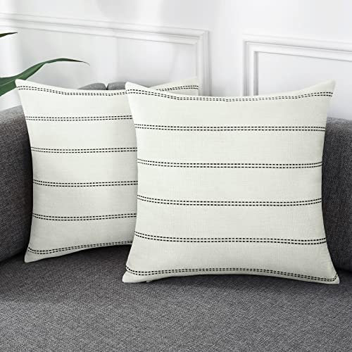 AmHoo 2 Stück Bauernhaus Streifen Karo Kissenbezüge Set Fall Baumwolle Leinen dekorative Kissenbezüge Kissenbezug für Couch Bank Sofa 40,6 x 40,6 cm Creme
