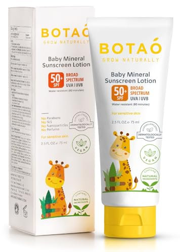 BOTAO Protector solar mineral para bebés: SPF 50 de amplio espectro UVA UVB, protección corporal para la cara del bebé, crema para quemaduras solares, óxido de zinc, 2.5 onzas