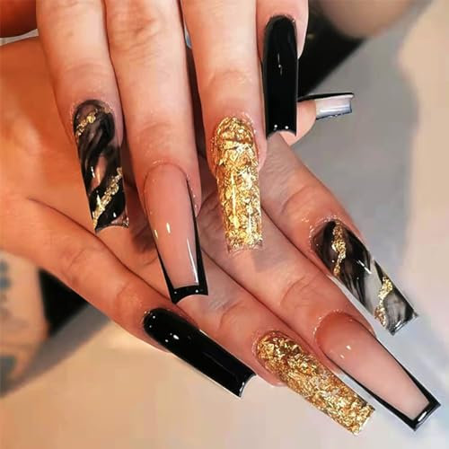 Brishow Coffin Long False Nails - Gold Sequin Press-on French Pink Ballerina Acrylic Set - 24pcs for Women and Girls