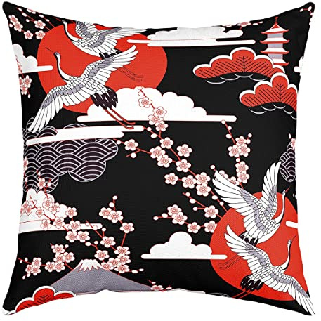 Homewish Kranich-Kissenbezug Set Von 1 Japanischen Stil 40x40cm | Wurf Kissen Abdeckung Kirschblüten Kissenbezug Erwachsene Frauen Mädchen Japanischen Traditionellen Dekor Akzent Kissenbezug