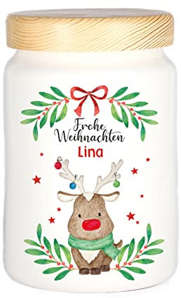 Herz & Heim® Keksdose personalisiert mit Ihrem Wunschnamen zu Weihnachten für Ihre Plätzchen (Elch)
