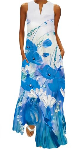 Ocean Plus Robe Longue sans Manches Col V Robe Décontractée Ample avec Poches Latérales Robe de Plage Vacances Femme Tailles S à 5XL