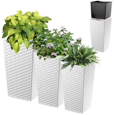 KADAX Maceteros Altos para Plantas de Interior y Exterior, Macetas de Plástico, Jardineras Altas (Imitación Ratán, Blanco, 57 cm, 68 cm y 75 cm)