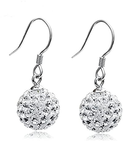 Bellitia Jewelry CZ Diamant Shamballa Ohrhänger Sterling Silber Weißer Kristall Pave Runde Disco Ball Glitzer Kristall Kugel Disco Damen Mädchen Ohrringe Für Frauen 6MM 8MM 10MM