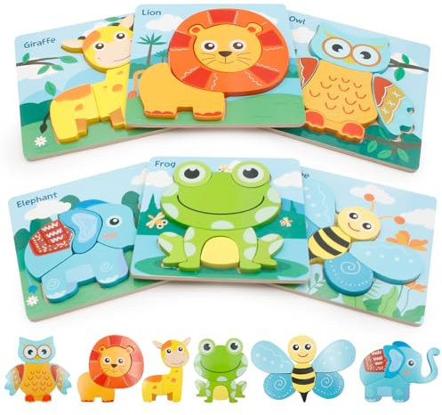Wooden Puzzle Toddler Toys, 6 PCS Animals Jigsaw Puzzles, Montessori Educational Learning Toys for Toddlers 3-5 years old, Birthday Gift for Kids