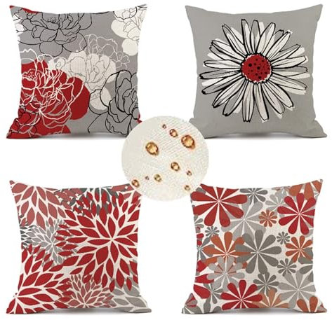 Outdoor Wetterfest Kissenbezug 35x35 cm 4er Set Rot Kissenbezüge Blume Outdoor Kissen Wasserdicht Leinen Quadrat Sofakissen Dekokissen für Garten Terrasse Bank Stuhl Outdoor Heimdekoration Geschenke