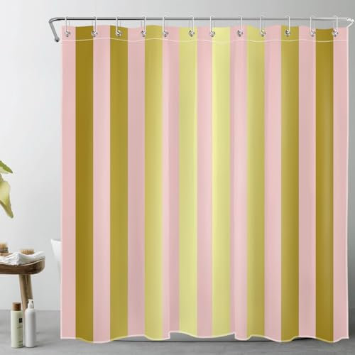 LB Rosa und Gold gestreift Duschvorhang 180x180cm Abstrakte Geometrie Antischimmel Wasserdicht Badezimmer Vorhänge, Moderne Kunst Polyester Stoff Bad Vorhang mit Haken
