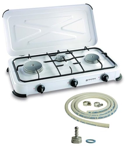 KEMPER - Hornillo de gas portátil 3 fuegos 3450W blanco lacado tapa placa de cocción + manguera de gas