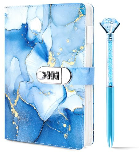 Koogel Tagebuch mit Schloss, A5 PU-Leder Tagebuch mit Schloss, 120 Blatt, Passwortgesperrt, Reise-Notizbuch mit Kristall-Diamantstift, Blau