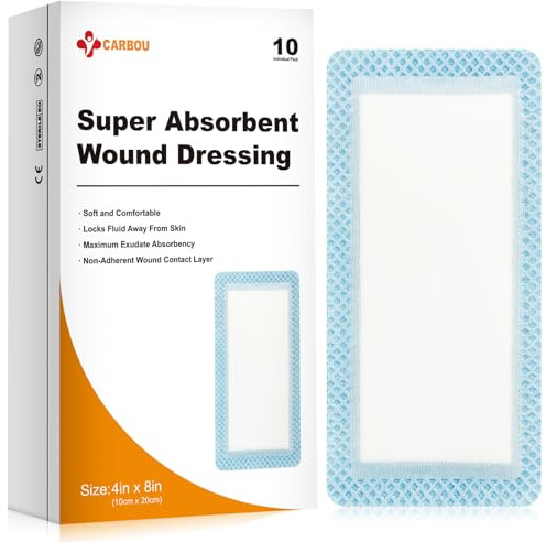 Carbou Super Absorbent Wound Dressing 4 x 8, 10 Pack, Non-Adhesive Pads