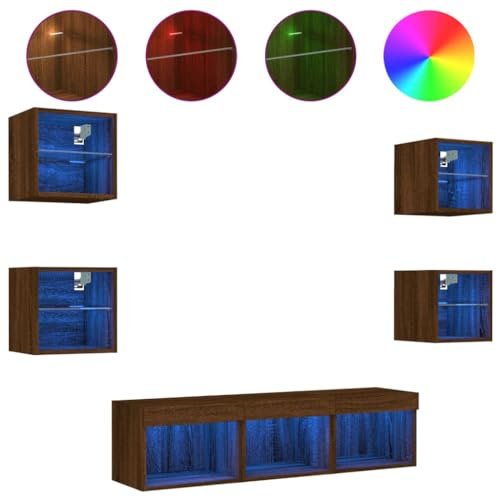 vidaXL Wohnwand 7-TLG., Schrankwand mit viel Stauraum, Anbauwand mit LED-Beleuchtung, Wandmontage Fernsehschrank Wohnzimmer Set, Braun Eichen-Optik