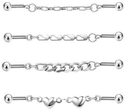 ZS 4Pcs 14G Chain Industrial Barbell Earring, 316L Surgical Steel Chain Cartilage Helix Stud Earrings, Industrial Bar Piercing Jewelry for Women Men (Mix Style A,14g(1.6mm))