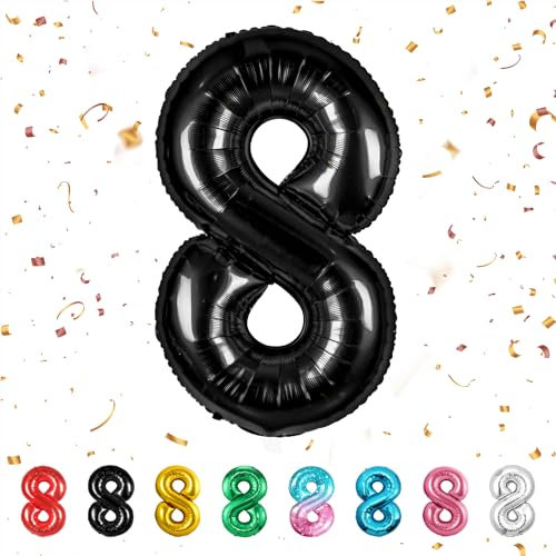 balloon Geburtstag zahlen Schwarz luftballon 8 jahre | Folienballon 8 -Riesen Folienballon in 40 - 101cm Geburtstagsdeko - Ballon Zahl Deko zum Geburtstag - fliegt mit Helium