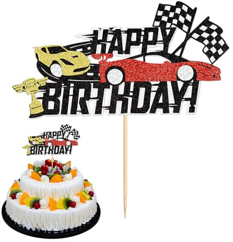 Race Car Cake Toppers Racing Car Cake Decorations Happy Birthday Party Cake Topper Checkered Flag Glitter Cake Toppers Paper Cupcake Toppers for Girl Kids Men Baby Shower Birthday Race Car Party Suppl