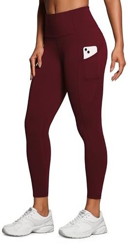 CRZ YOGA Damen Naked Feeling Sport Leggings mit Taschen High Waist Sporthose Gym Blickdicht Yogahose - 64cm Roter Merlot 38