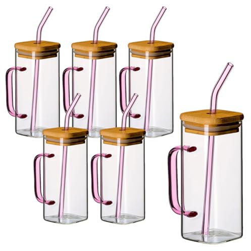 gouveo 6er Set Trinkgläser 350 ml mit Henkel PINK, Deckel und Strohhalm - Cocktail Gläser aus Borosilikatglas - Longdrinkgläser mit Griff - Glasbecher für Kalt- & Heißgetränke (TGE350HP)