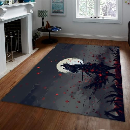 SHUODAOCO Japanischer Stil Waschbarer Teppich Retro Niedriger Flor Bereich Teppich für Wohnzimmer Krieger Rotes Blatt Mond rutschfeste Innenboden Teppiche Teppich für Schlafzimmer 160x230cm