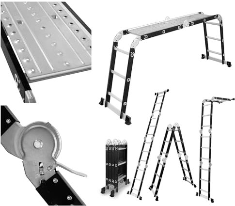 DRABEST - Gelenkleiter 4x3 Sprossen - mit Plattform, aus Aluminium und Stahl - Klappleiter, Aluleiter - Maximale Belastung bis 125 kg - Mehrzweckleiter, Ausziehleiter - 0,32 x 0,89 x 0,25 m