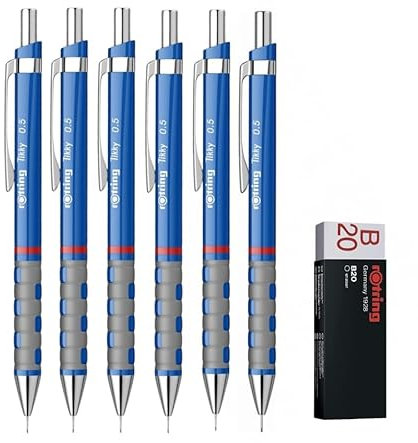 rOtring Tikky Druckbleistifte, HB 0,5 mm, dunkelblaue Barrels, 6 Stück, Radiergummi B20